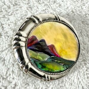 Vintage Duri Abalone Landscape Half Moon Brooch